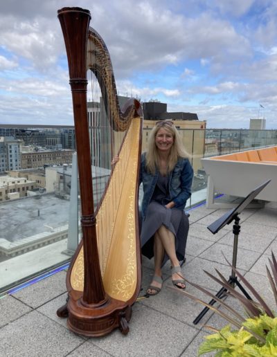 Harp on top of building in Downtown Portland